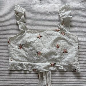 Kirious White Floral Embroidered Eyelet Crop Top with Ruffled Straps Size M